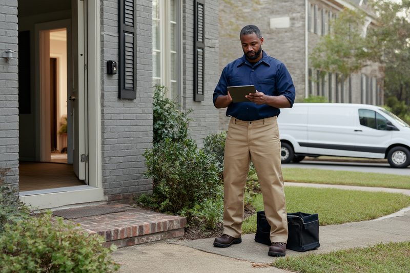 Appliance repair technician checking the service order on a tablet outside a brick home in metro Atlanta