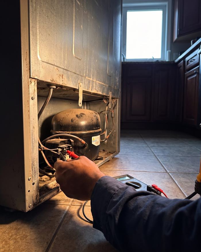 Technician's hand testing a refrigerator compressor with a multimeter
