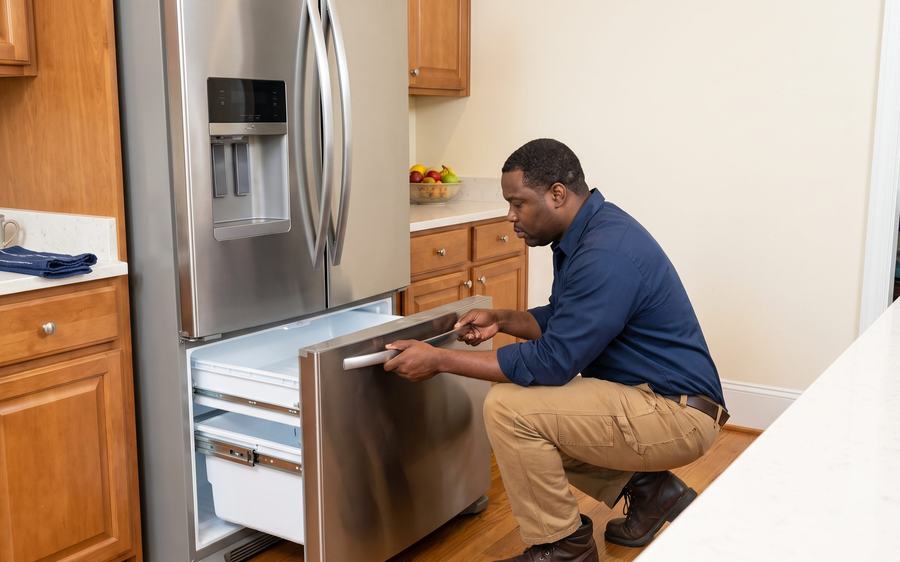 Technician kneeling to inspect an open refrigerator freezer drawer in a home kitchen