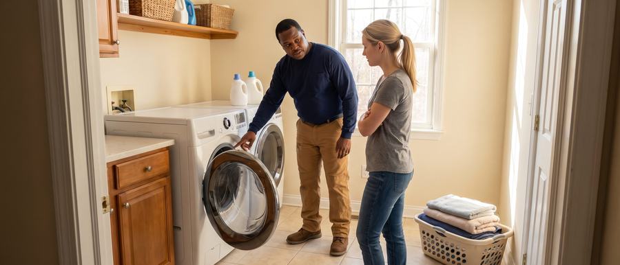 Technician explaining a washing machine issue to the homeowner in the laundry room